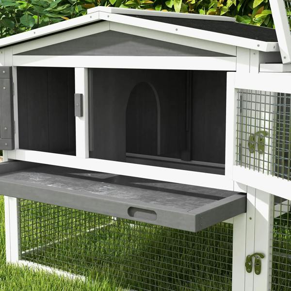 Grey wooden rabbit hutch house with open front compartment, black base, and side wire mesh