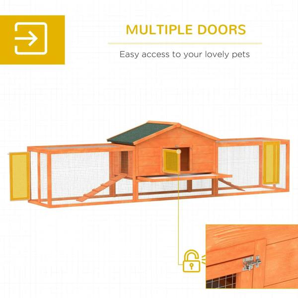 Orange wooden rabbit hutch with run and multiple access doors, wire mesh enclosure