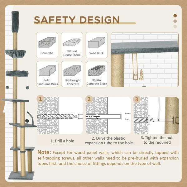 Grey floor-to-ceiling cat tree tower with safety-focused mounting instructions diagram