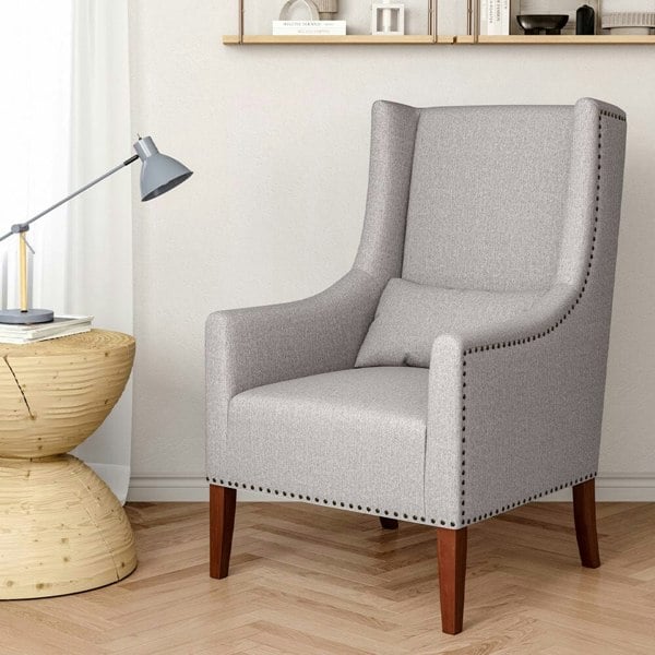 Grey Burlap High Back Studded Armchair with Cushion Living and Home