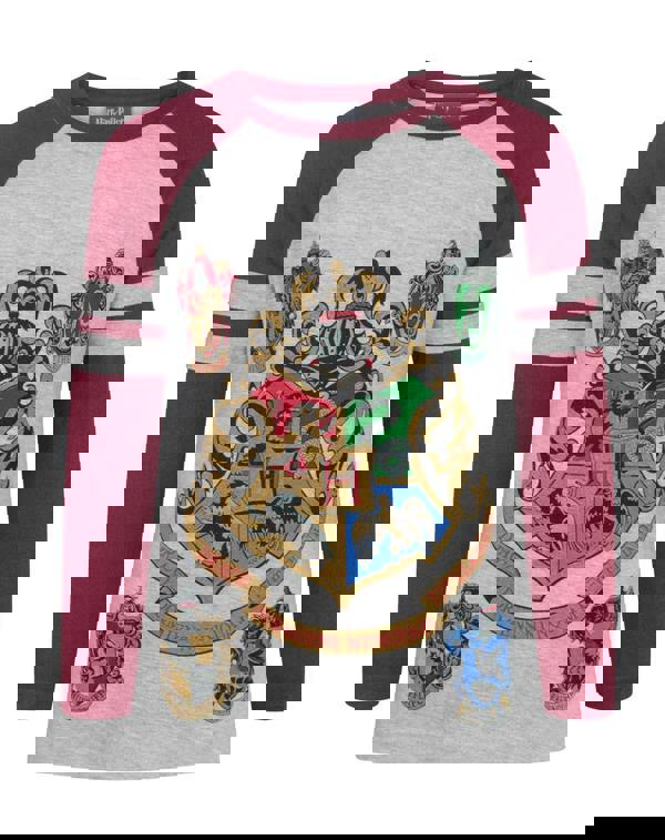 Harry Potter Girls Grey Hogwarts Crest Raglan Short Sleeved T-Shirt