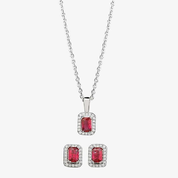 T. H. Baker Silver Red Cubic Zirconia Baguette Pendant and Earring Set SET14195
