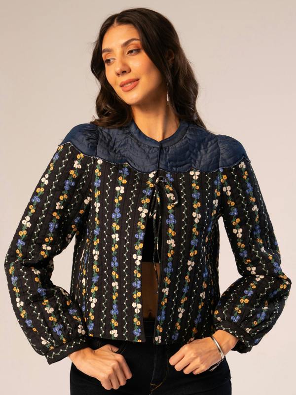 Rose & Nancy Kiri Black Floral Printed Scalloped Jacket