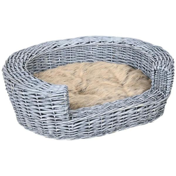 Grey wicker oval pet bed basket with light beige plush cushion