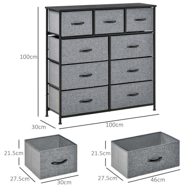 Grey fabric 9-drawer dresser with black frame; top view and drawer size angles