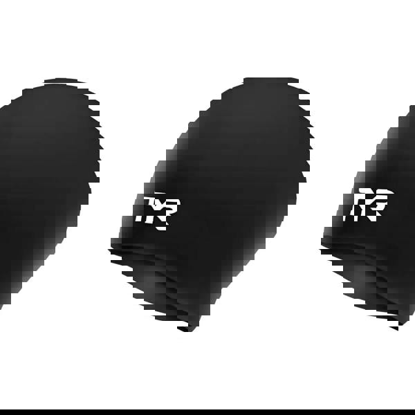 Black TYR long hair wrinkle-free silicone swim cap with white logo