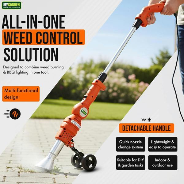 My Garden Outdoor Living My Garden Electric Weed Burner 2000W - Dual Heat Weed Remover with Folding Wheels, 2 Nozzles, Detachable Handle & UK Plug