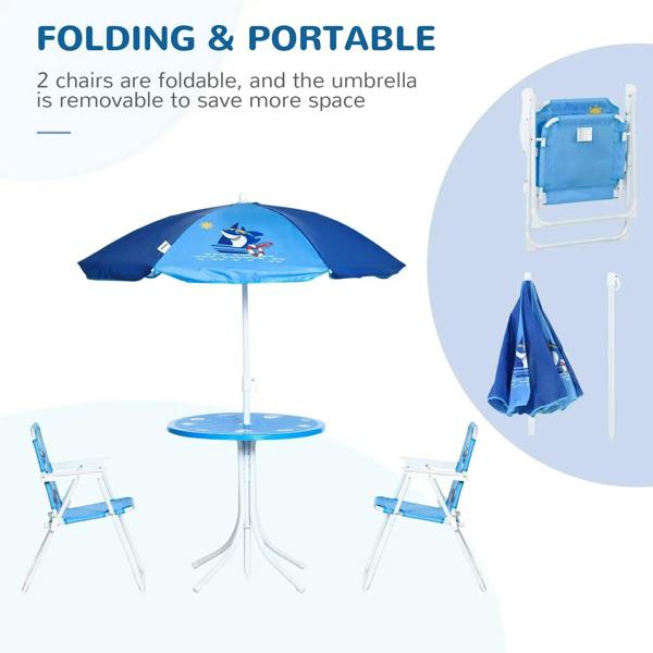 Kids blue bistro table with folding shark sun umbrella and two portable chairs