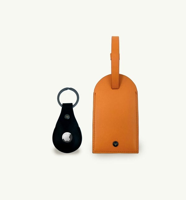 Apatchy London Orange Leather Luggage Tag and Black Leather AirTag Gift Set