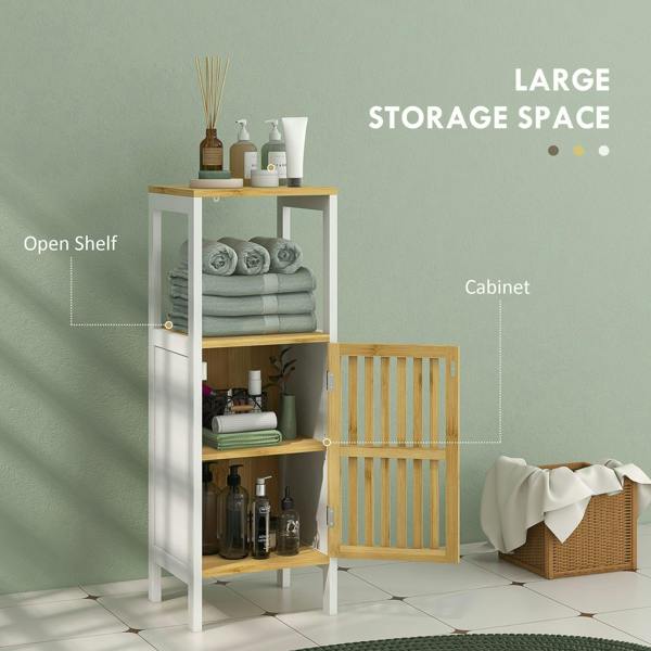 White bathroom storage cabinet with open shelves and bamboo slatted lower door