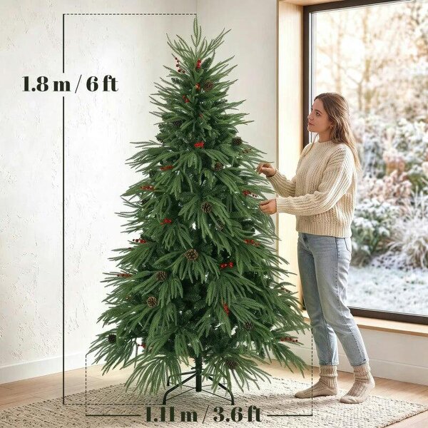Bobobiy 6ft Artificial Christmas Tree with Pinecones, Red Berries, Hinged Predecorated Xmas Tree with 2843 Branch Tips