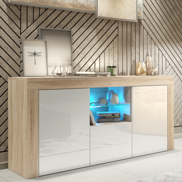 Mex Furniture 145cm Modern TV Unit, Cabinet Stand & , with White Gloss Doors & Free LED