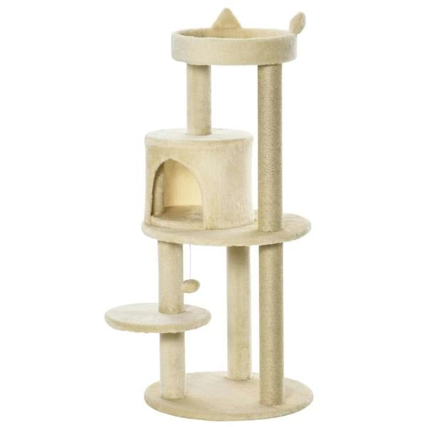 Beige plush cat tree tower with top perch, enclosed condo, and two scratching posts