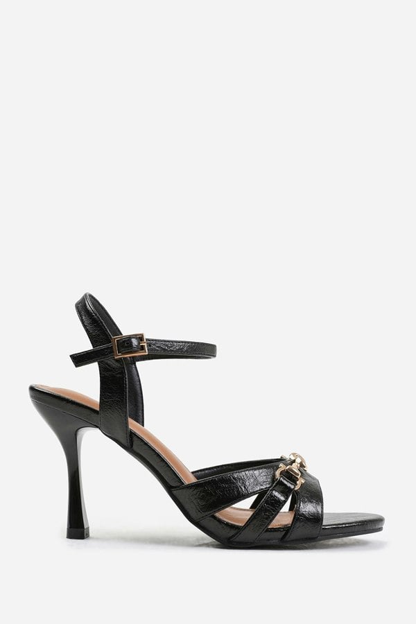 Where's That From Harriet Wide Fit Mid Heels With Metal Detailing in Black Crease Faux Leather