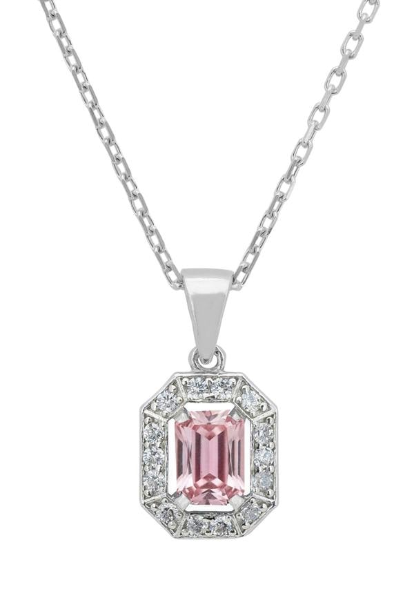 Pink gemstone pendant with silver chain on a white background
