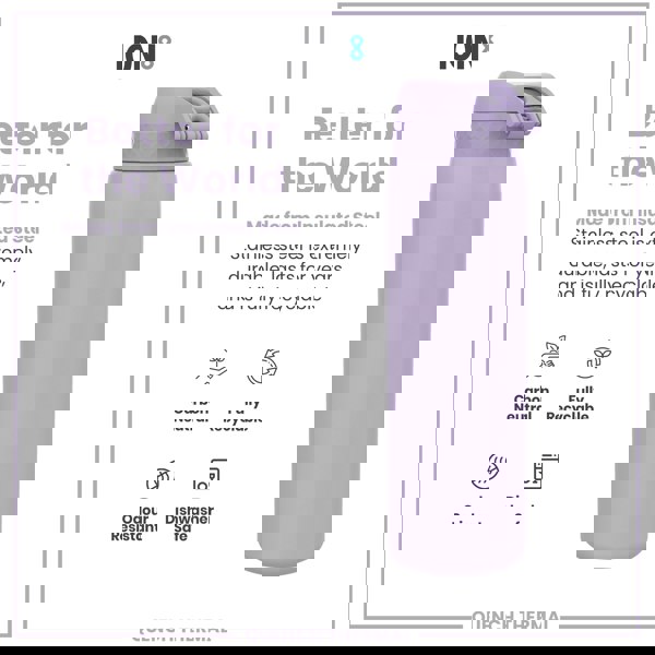 A lavender-colored, insulated stainless steel water bottle sits against a white background; it is described as durable, recyclable, odour-resistant, and dishwasher-safe. The text also notes that it's carbon neutral.