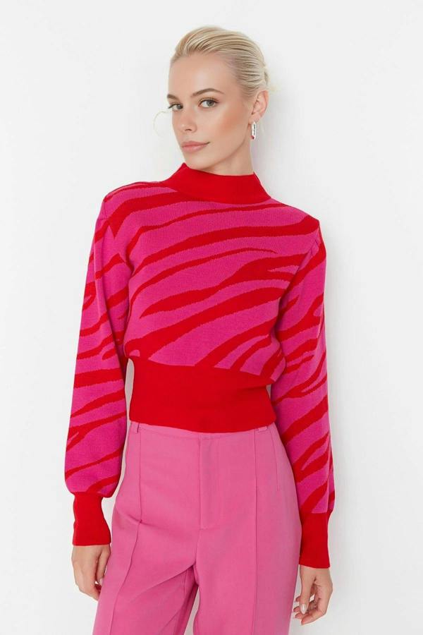 WOVCOR Zebra Print Crop Knit Sweater