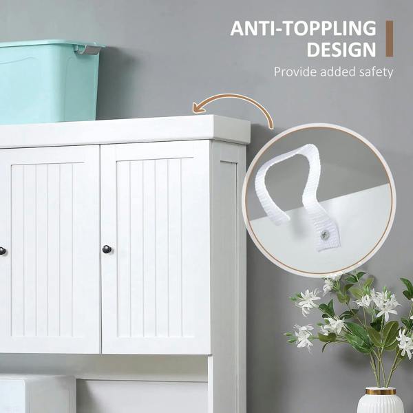 White freestanding kitchen cabinet with anti-toppling safety bracket on the front corner