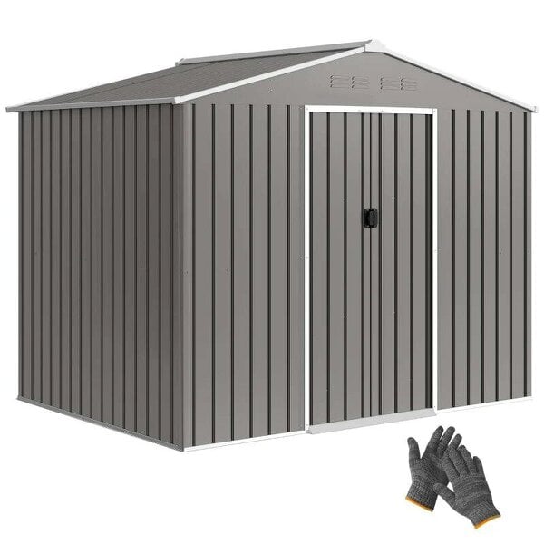 8 x 6ft Galvanised Steel Shed, with Double Door - Light Grey