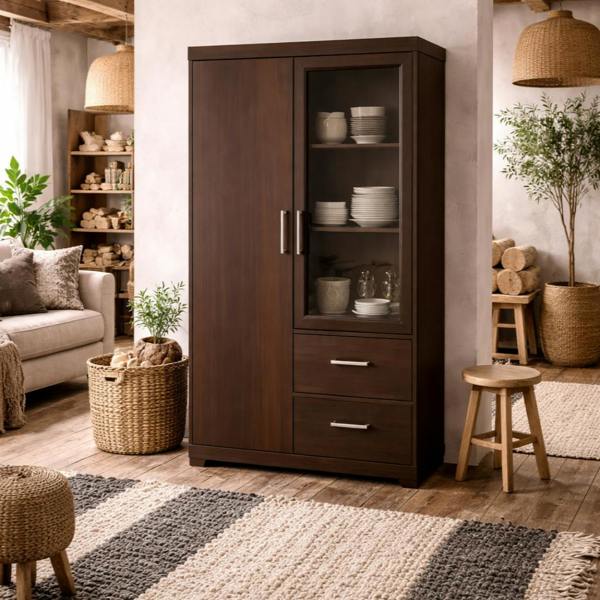 Wyld Haus Sonderborg Dark Mahogany Display Cabinet 2 Doors 3 Drawers
