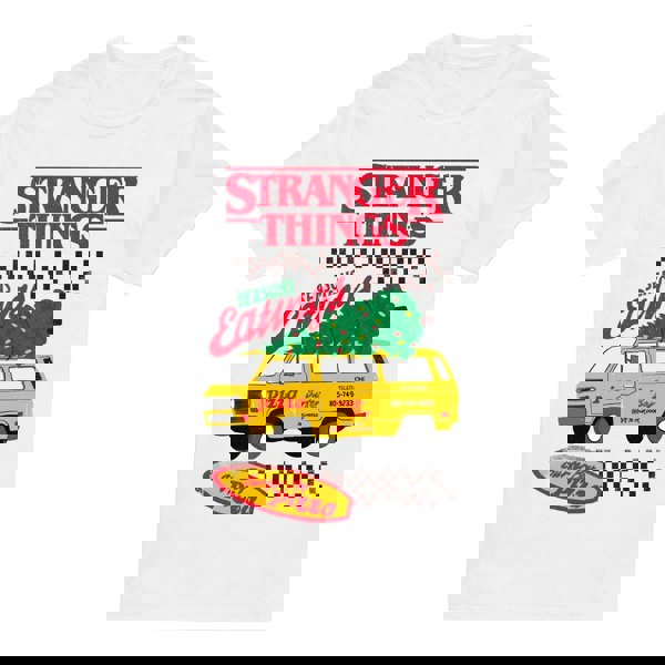 Stranger Things Mens Seasons Eatings Pizza Van T-Shirt - White