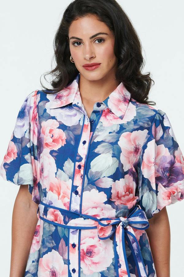 Navy | Floral 1/2 Puff Sleeve Tie Midi Dress