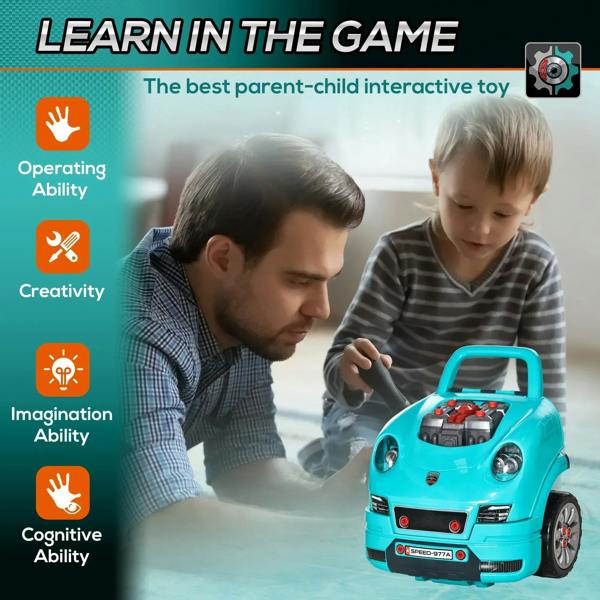 Teal kids ride-on toy car with open hood while a child plays