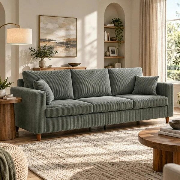 3 Seater Sofa with Wide Seat, Corduroy Fabric Couch with Deep Seat, Spring Cushion, Light Grey - Light Grey