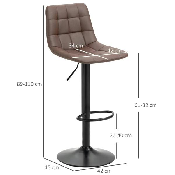 Brown adjustable barstool with tufted back and seat; height and width dimension diagram