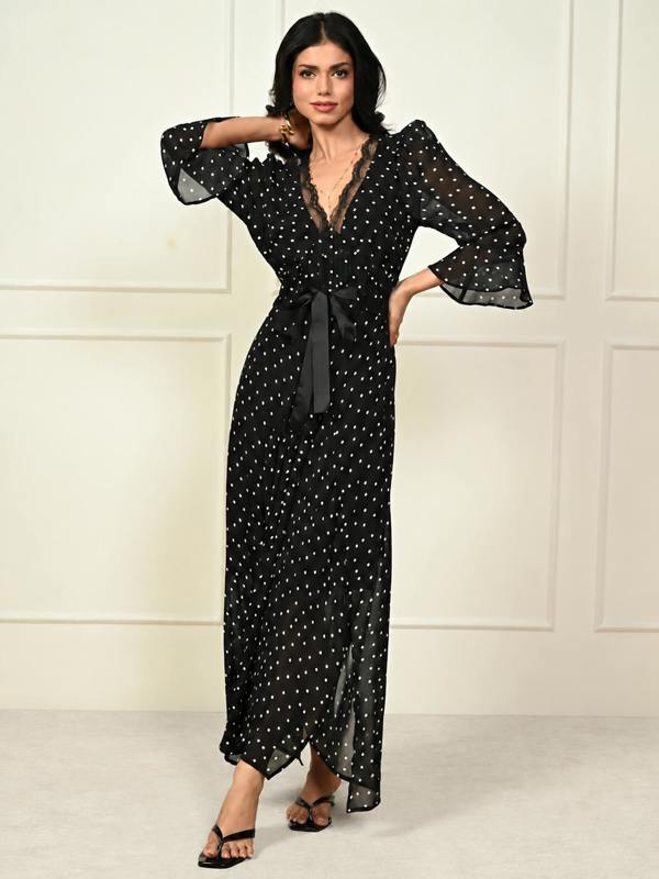 Rose & Nancy Chloe Black Polka Dot Lace Trim Midi Dress