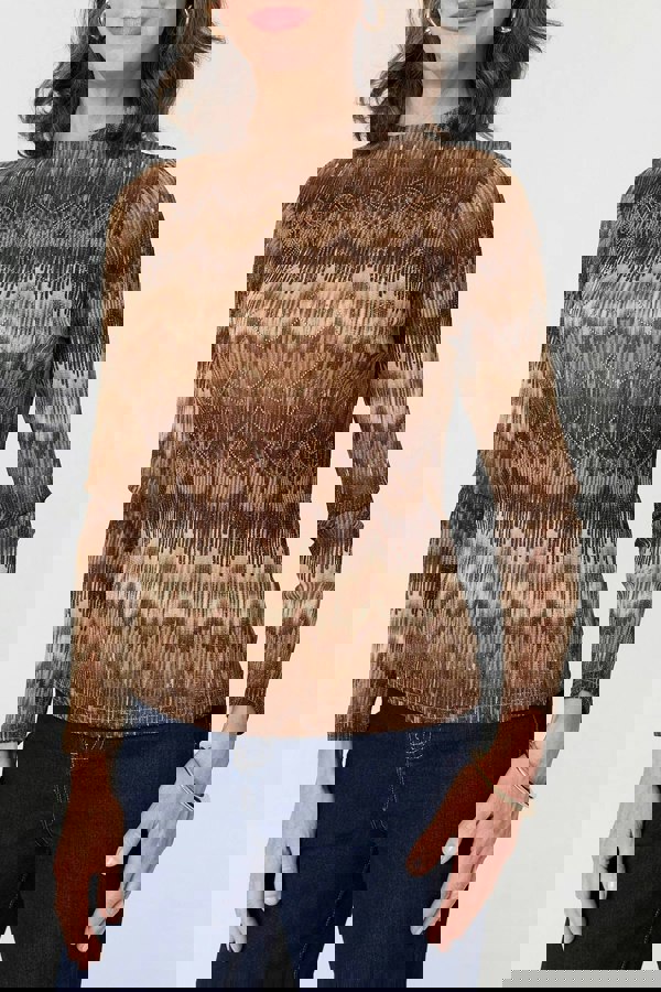 Brown | Sparkly Embellished High Neck Fitted Top
