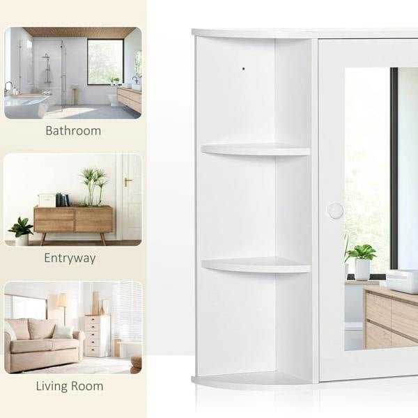 White wall-mounted bathroom cabinet with open shelves and mirrored door, designed for compact storage