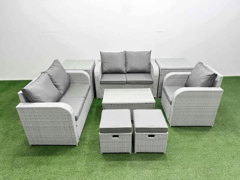 Fimous Garden Furniture Set, High Back Poly Rattan, Reclining Loveseat Sofa, Coffee Table, 2 Stools and 2 Side Tables, Light Grey