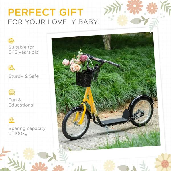 Orange kids kick scooter with black basket and kickstand, outdoor use