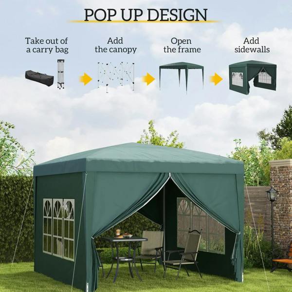 Green pop-up gazebo canopy tent with peaked roof and side window panels