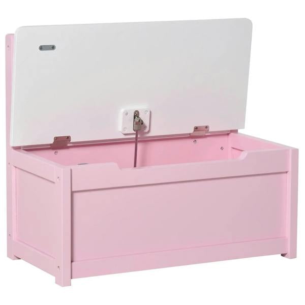 Pink wooden toy box bench with open lid supported by safety rod