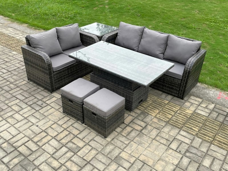 Fimous Outdoor Rattan Garden Furniture Set - Dark Grey Mixed Height Adjustable Rising Lifting Dining Table Lounge Sofa Set