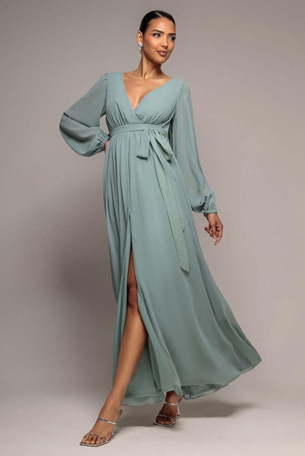 Sustainable Front Split Wrap Style Chiffon Maxi Dress - Sage Green DR4314BBS