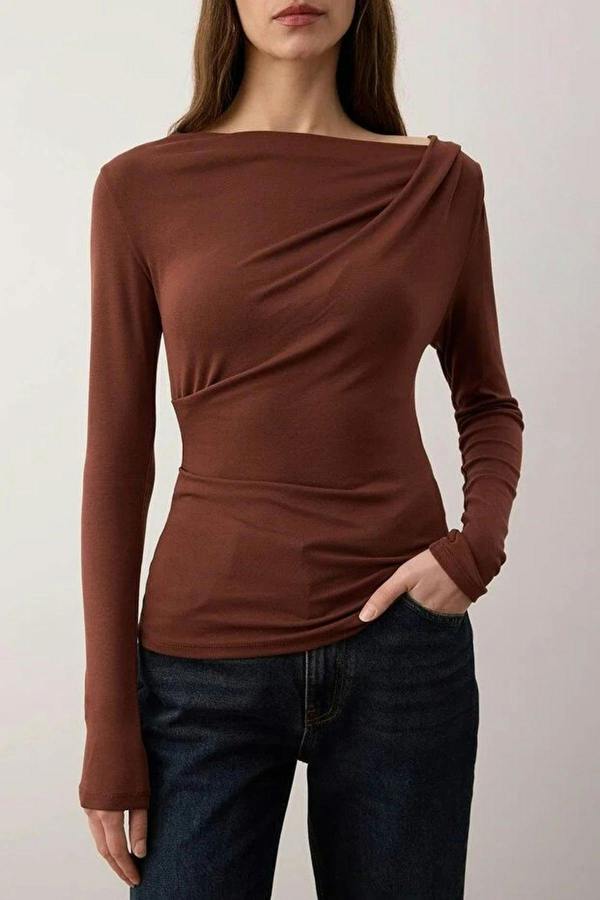 WOVCOR Asymmetrical Neckline Detail Flexible Knit Blouse