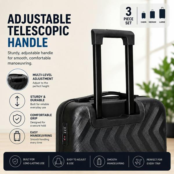 Gr8 Home 3 Piece Hard Shell Luggage Suitcase Set Cabin Medium Large TSA Lock Black