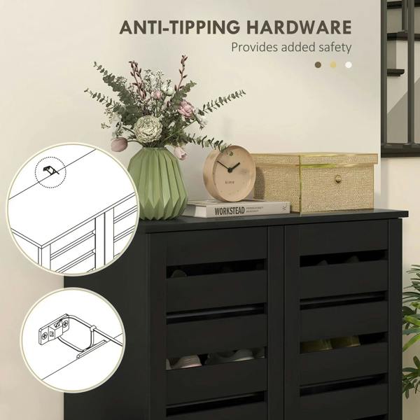 Black shoe cabinet with anti-tipping hardware and open slatted doors for stability