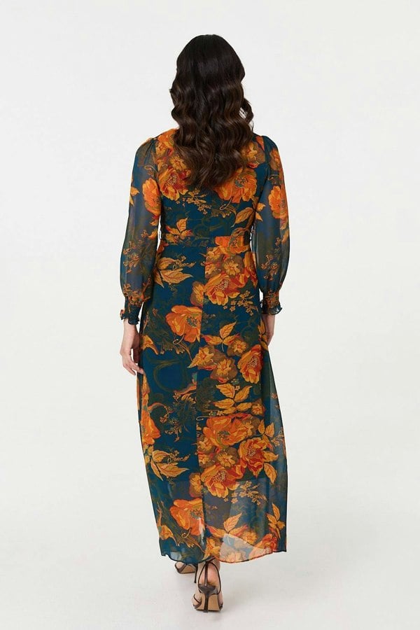 Orange | Floral Semi Sheer Tie Waist Maxi Dress
