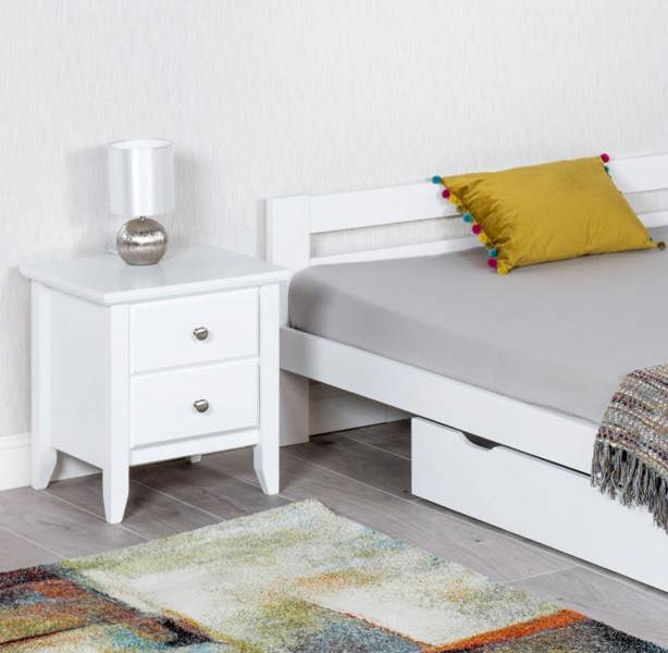Mission TM 2 Drawer Bedside Table, Solid Pine Nightstand, Satin White Finish