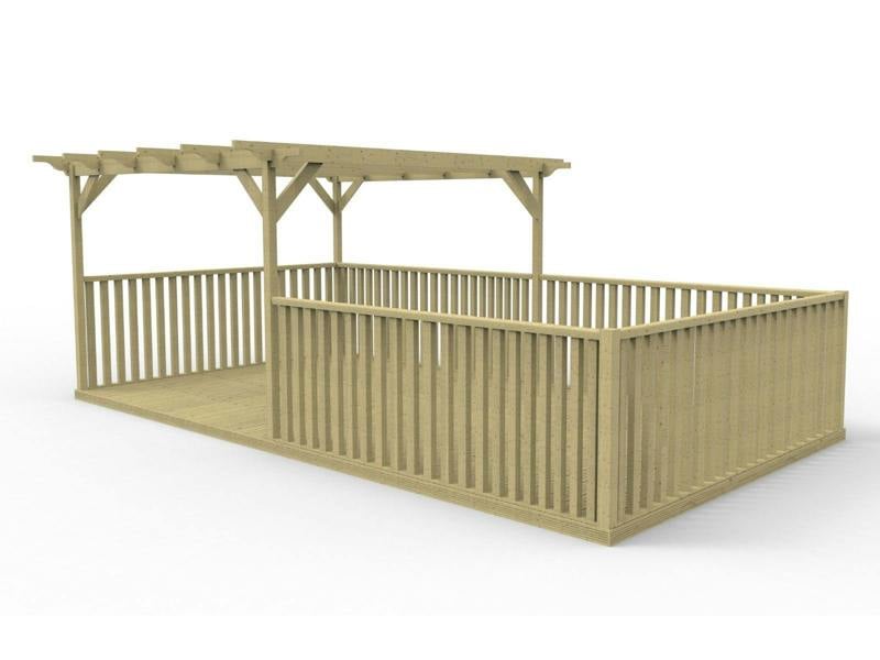 Rectangular pergola and decking kit with balustrade, made from pressure treated timber and high quality pergola posts, featuring a raised wooden deck, vertical slatted balustrade, and an open pergola roof frame.