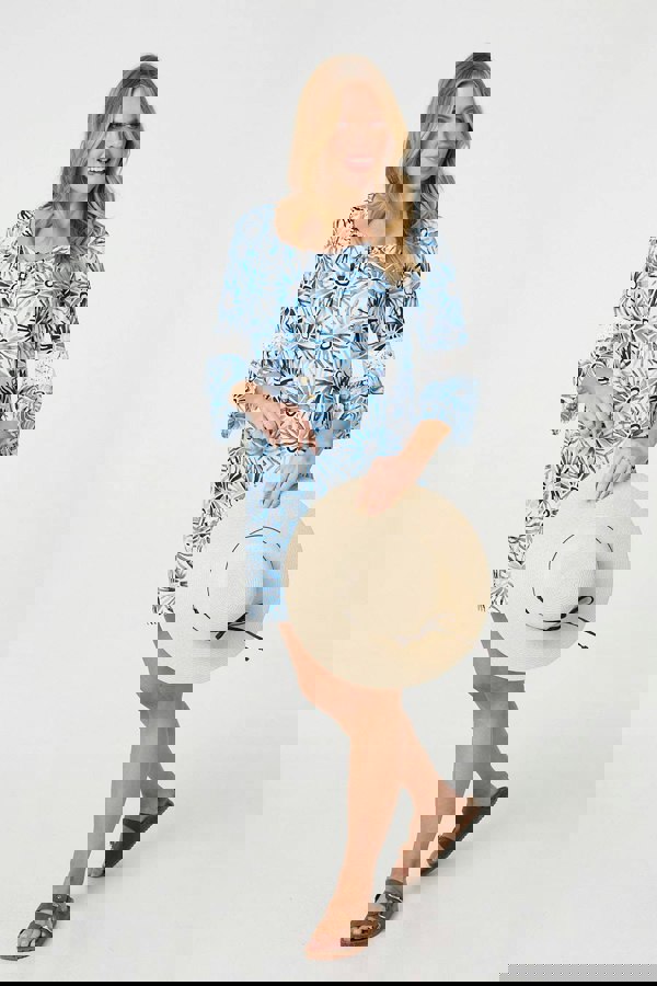 Blue | Floral Lace 3/4 Sleeve Short Shift Dress
