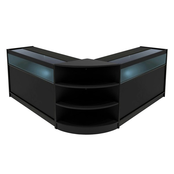 Theseus LED shop counter set in sleek black, featuring glass display tops and curved shelving for stylish retail presentation