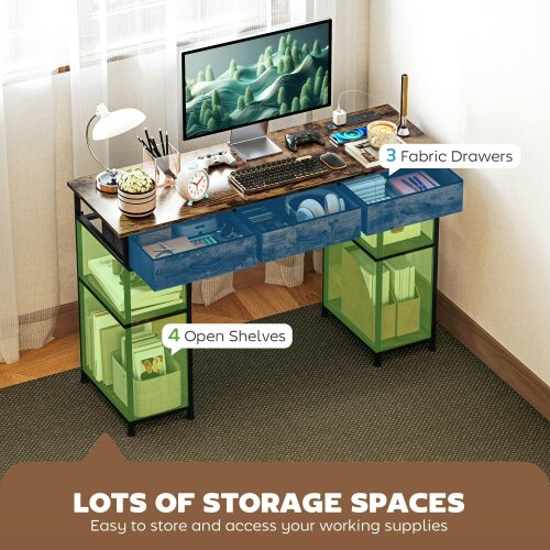 Wyld Haus Hariva 120cm Wooden Rustic Brown Home Office Desk With Power Sockets 3 Fabric Drawers And 4 Storage Shelves