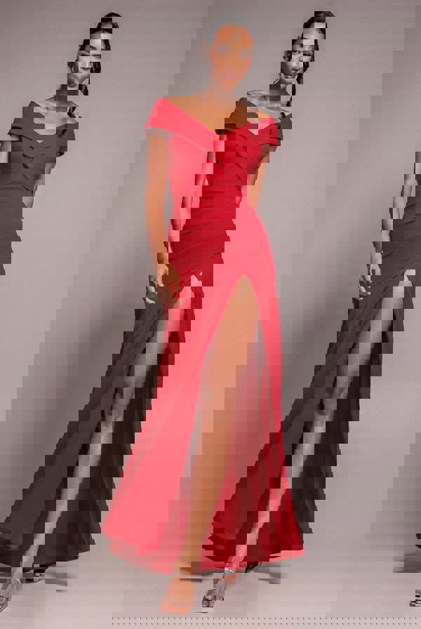 Scuba Crepe Off Shoulder Front Split Maxi Dress - Red DR2930SC