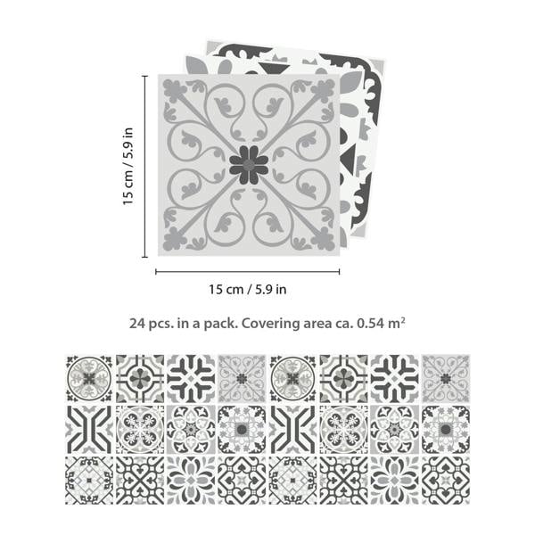 WT1581 - Novi Light Grey Cement Azulejo Wall Tile Sticker Set - 15 x 15 cm (6 x 6 in) - 24 pcs