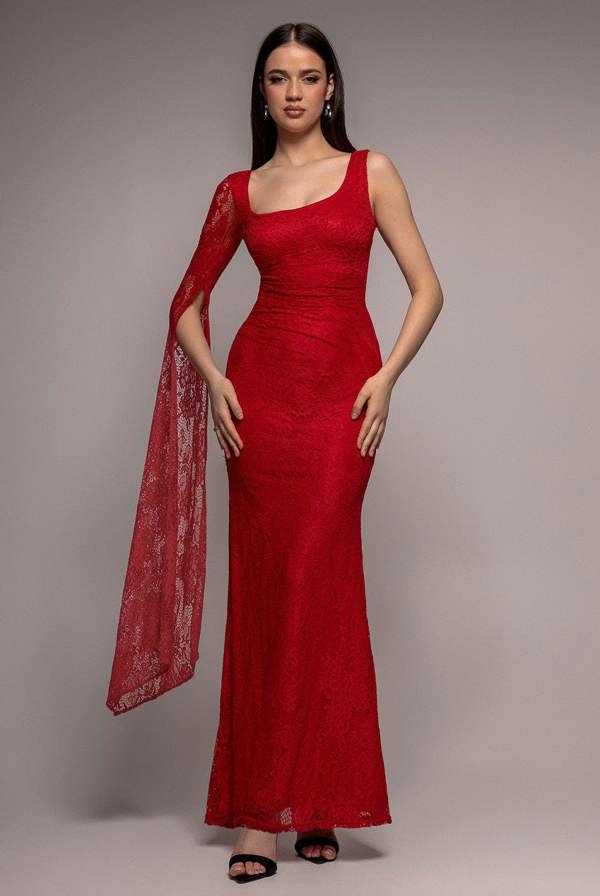 One Shoulder Cape Sleeve Pleated Lace Maxi Dress - Red DR5065